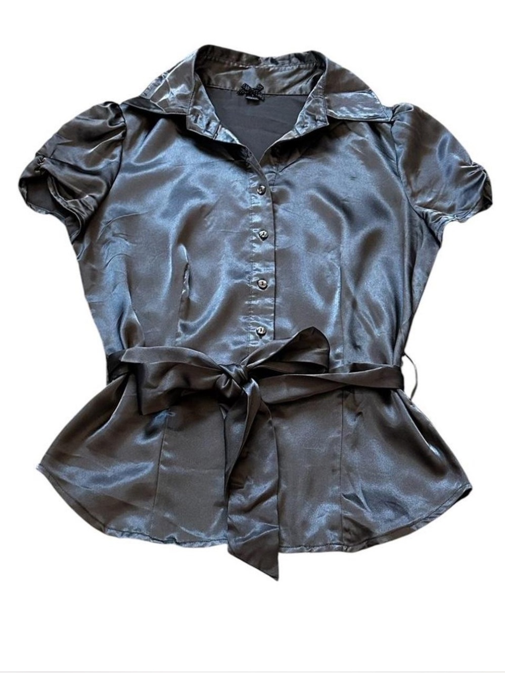 Gray Satin Blouse Cap Sleeve Tie Belt Office Sire Coquette Feminine Preppy